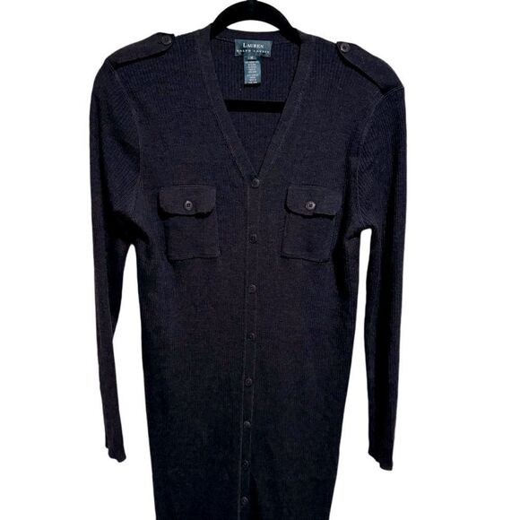 LRL- 100% Merino Wool Charcoal Grey Ribbed Button Front Maxi Dress, Size Medium - Picture 5 of 9